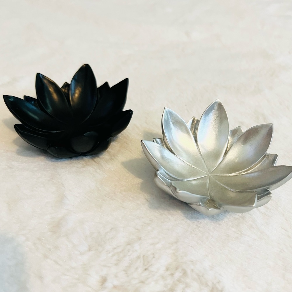 Matching Set of 2  Ceramic Votive Candle Holders Jewelry Dish Silver & Black